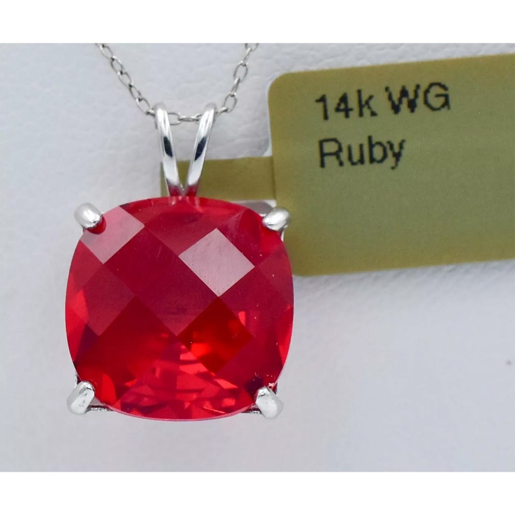 Created Ruby Checkerboard 6.80 Cts Pendant 14k White Gold
